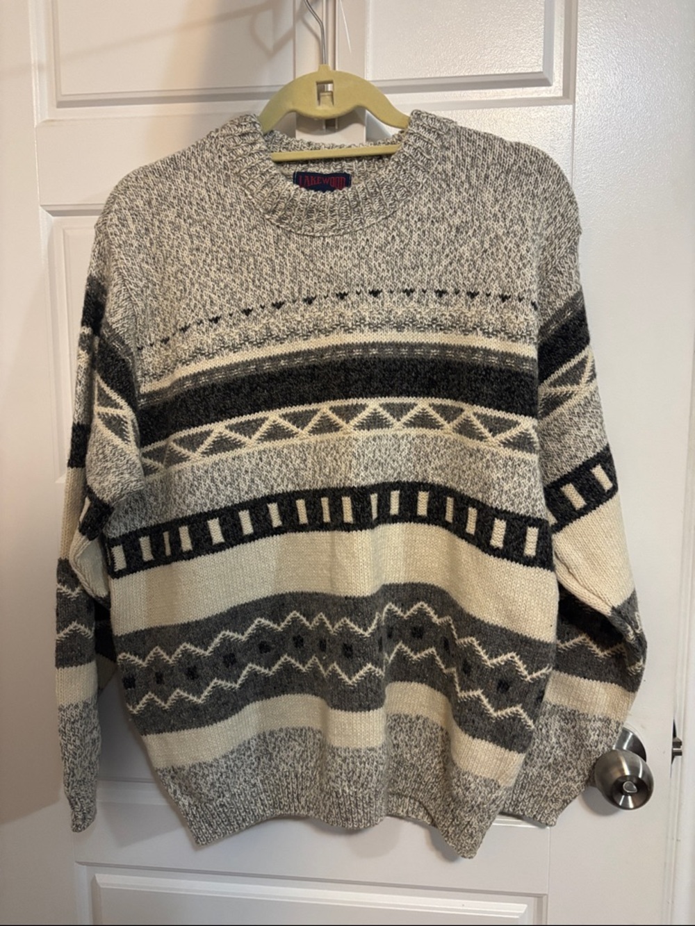 Classic Geo-Stripe Crewneck Sweater in Cream and Gray